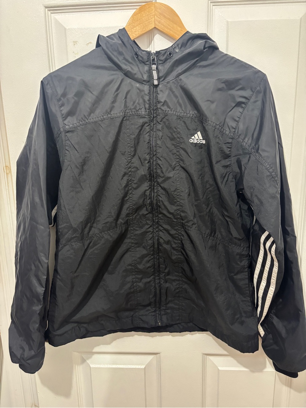 adidas Black Hooded Windbreaker with White Stripe Accents